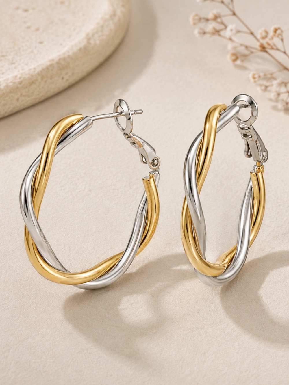 Mixed Metal Twisted Hoop Earrings Gold Silver Spiral Statement Hoops Two Tone